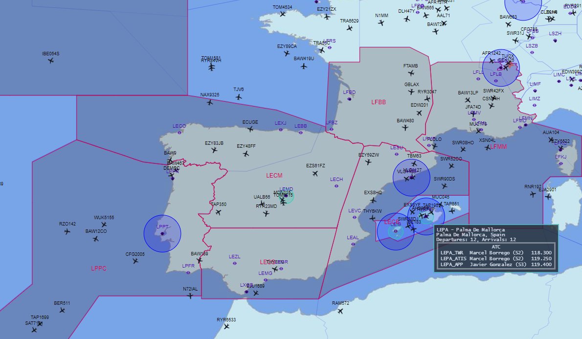 NoticiasAirSim's tweet photo. Así está la Península en estos momentos en VATSIM. ¿Vuelas? ¿Controlas? Empieza el #VATSIMWeekend https://t.co/r1tVJFA26S
