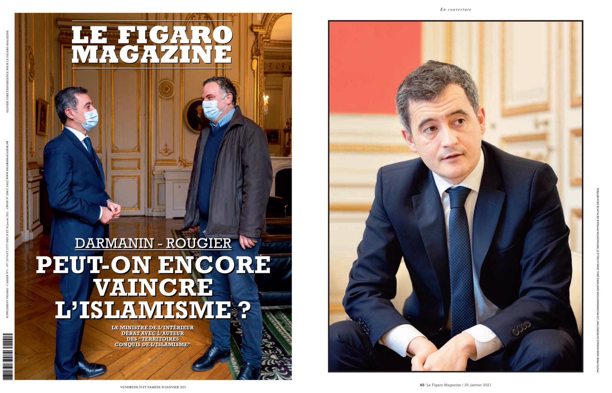 سؤال فرنسا : هل يمكننا هزيمة الإسلام ؟!..استضافت مجلة لوفيجارو اليوم وزير داخلية  #فرنسا دارمانان والباحث في الإسلام السياسي برنارد روجيه، مؤلف كتاب " المناطق التي غزاها الإسلاميون في فرنسا " لتعزيز وجهة نظرهم حول قانون "مكافحة الإسلام الانفصالي". #مقاطعه_المنتجات_الفرنسيه94