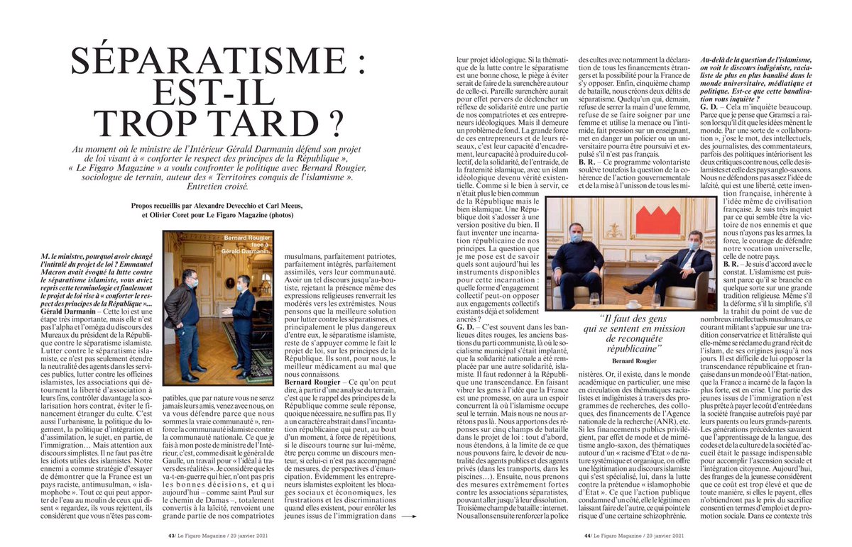 2. وكان جوهر المقابلة حول:هل  #فرنسا لديها القدرة بالفعل على هزيمة " الإسلاموية " أم أن الوقت أصبح متأخرا جدا على ذلك ؟واتفق الوزير والمفكر على أمرين :-ضرورة تغيير " الأيدلوجيا " الإسلامية التي تخالف " قيم الجمهورية الفرنسية " .-إزالة كل المظاهر الإسلامية التي تميز المسلمين .