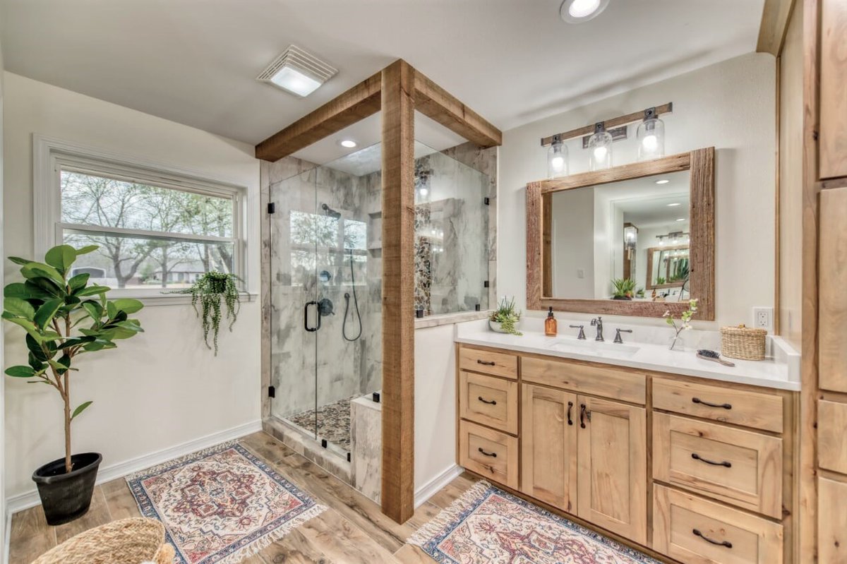 Y'all....This #bathtransformation is CRAZY good! Check out the #beforeandafter pictures. Our client's #rusticmaster #bathroomremodel is finished &amp; ready for the handoff. So honored to work with this wonderful couple again and look forward to future projects in the coming months.