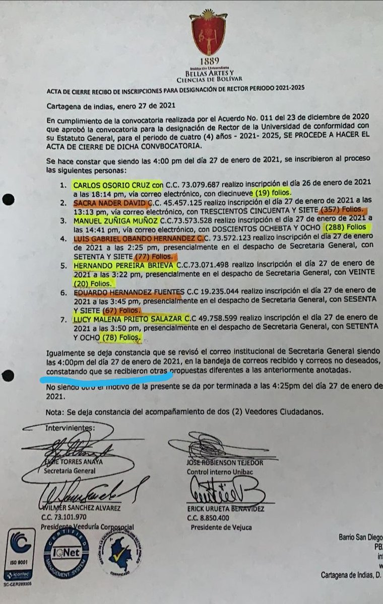 EUnibac's tweet photo. Acta de cierre inscripciones a rector @UnibacBolivar Vamos a necesitar fuerte acompañamiento @PGN_COL y @DefensoriaCol en el proceso. Al parecer existe error de transcripción(azul) y debe subsanarse. @vablelscaff @Mineducacion @GobDeBolivar @AsambleadeBol
https://t.co/16v2aqDc7t https://t.co/6HuVASE6Yw