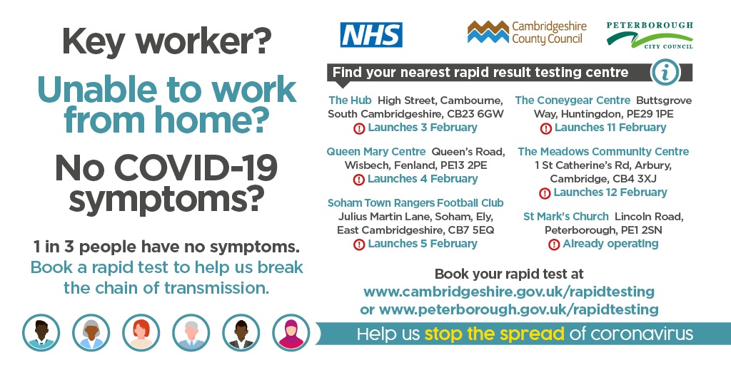 CambsCC's tweet photo. New rapid testing centres are opening in Cambridgeshire. If you're a key worker or cannot work from home, you'll be able to book a free lateral flow test twice a week.  

Read the full story on our website: https://t.co/jTnPcIHRv0 https://t.co/S2SzHGpyxr