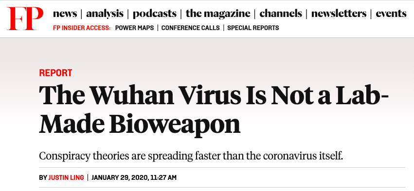 29 Jan 2020: 'The Washington Times suggests a government-run lab, the Wuhan Institute of Virology, could have been researching military applications for the coronavirus and may have been the source of the outbreak'