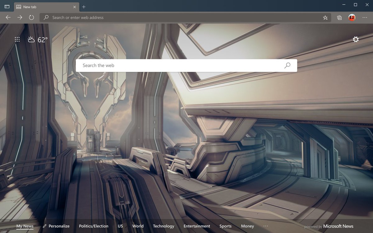 The Edge browser with a new tab open showing the theme featuring the incredible environments of Halo: Haven