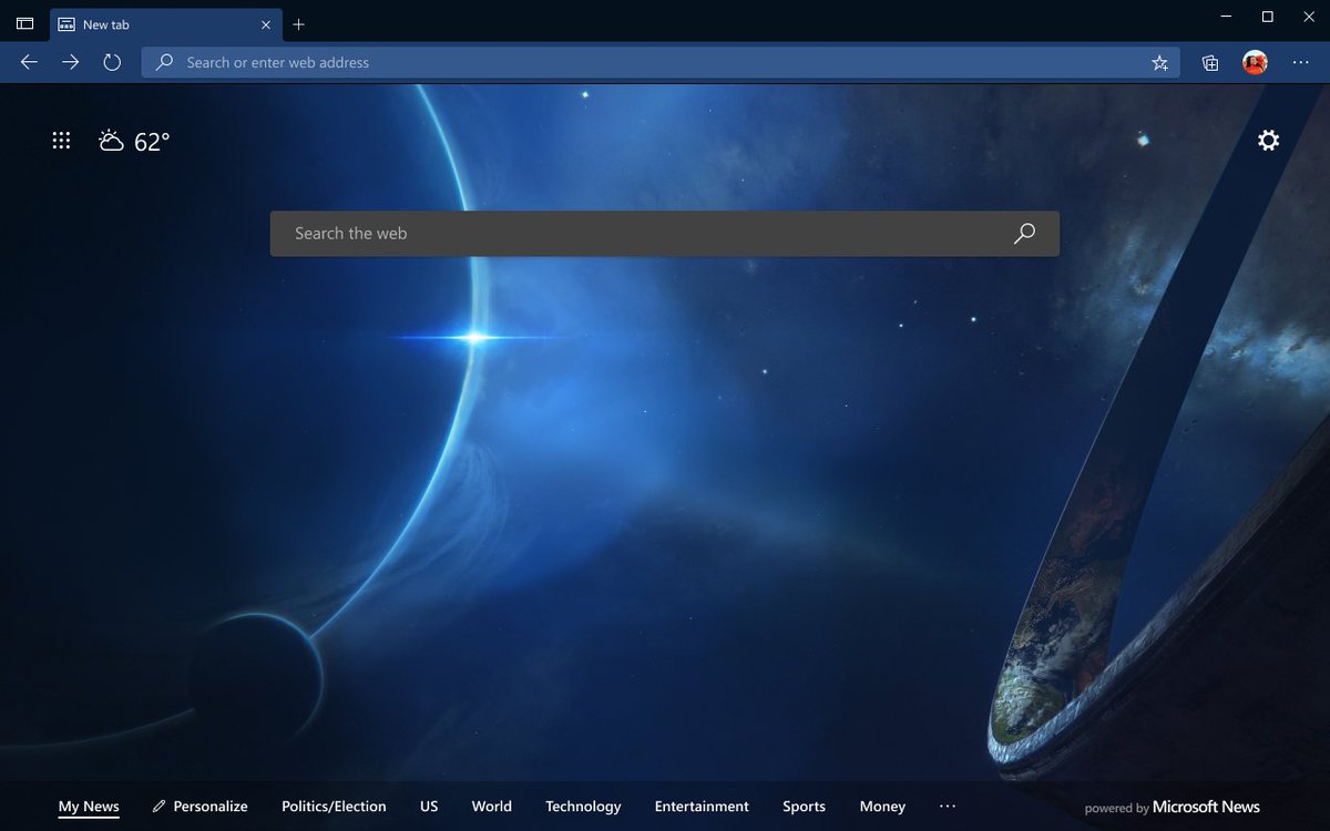 The Edge browser with a new tab open showing the theme featuring the incredible environments of Halo​