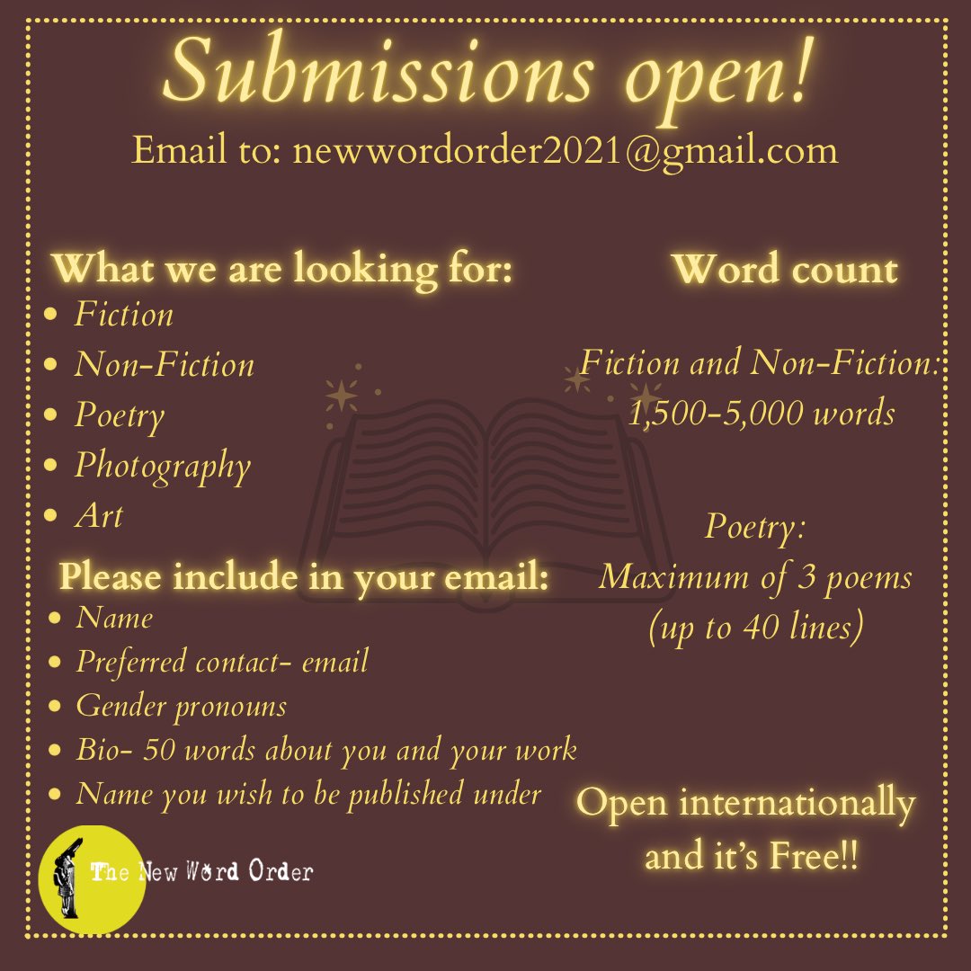 newwordorderlit's tweet photo. Submissions for issue 2 now open!
•
•
#creative #creativewriting #TheNewWordOrder #litmag #literarymagazine #ucd #ucdstudents #writingcommunity #poetrycommunity #poetry #fiction #nonfiction #photography #art #magazinesubmission #blogger #blog #artistsontwitter https://t.co/Iy4644QsnJ