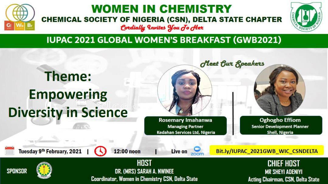 Osun, Anambra, Benue, Oyo, Enugu, Ogun, Delta, Kaduna, Ondo, Lagos and Rivers Chapters of the Chemical Society of Nigeria have registered their events for the #iupac #GWB2021. Other Chapters "loading".............