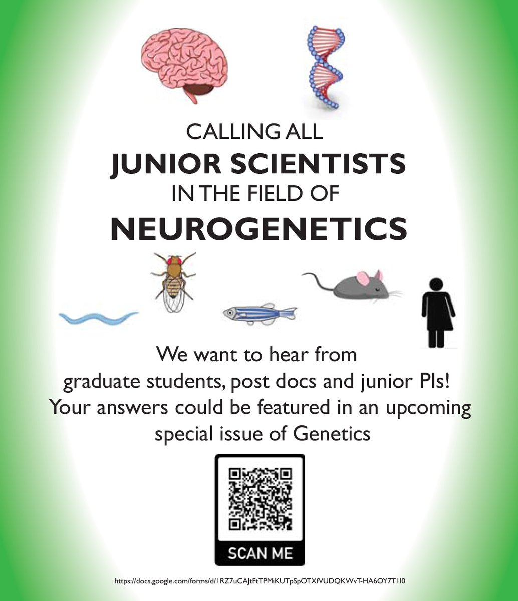 eleyvadiaz's tweet photo. Calling all Neurogenetics trainees and junior PIs! We want your input on the future of the field for an upcoming special issue of Genetics. See flyer and fill out our survey - your answers may be featured in the article! Please RT &amp; share with colleagues.

https://t.co/ZpZHlYZ9AW https://t.co/7hLDIjUJhD