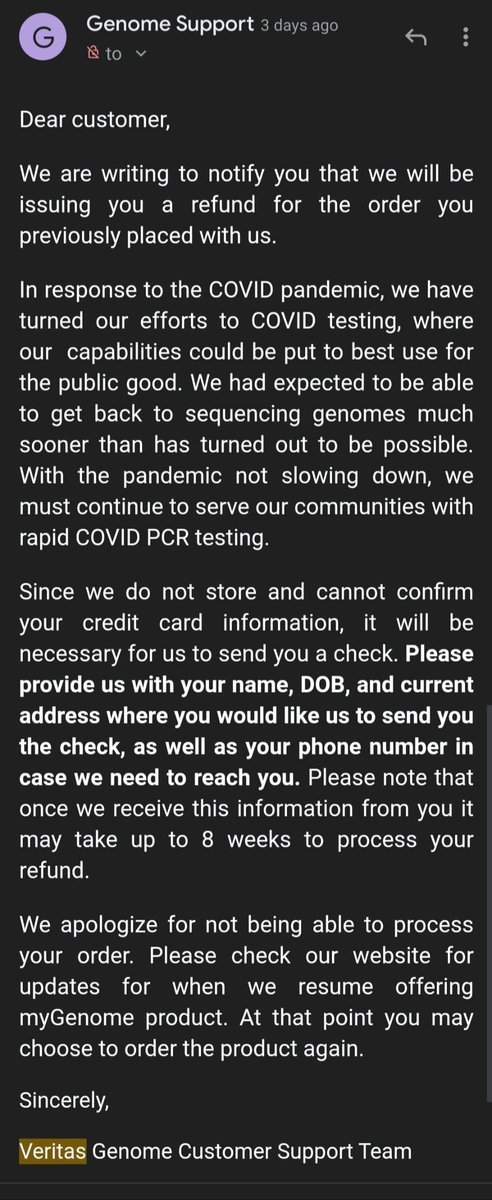 curiouscientist's tweet photo. Received this message from Veritas a few days ago. Hope they follow through on their promise to refund. Also, they should do the right thing and destroy samples they have collected. https://t.co/Cmf7EDS4Vk
