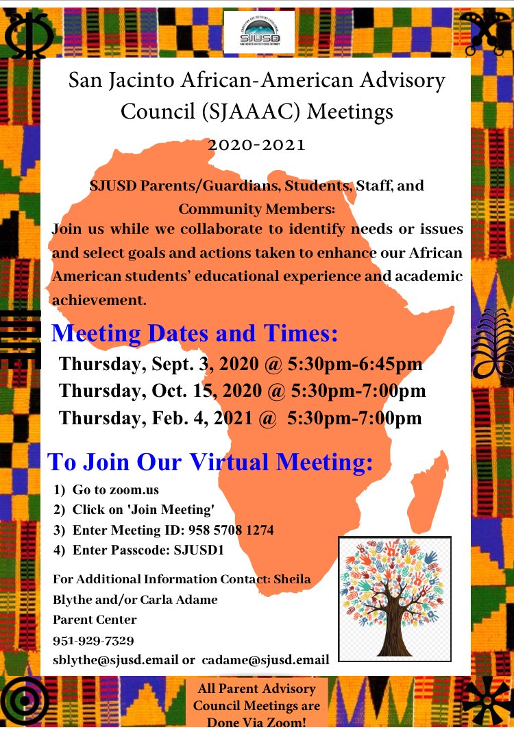 Join Us for our next SJAAAC (San Jacinto African-American Advisory Council) meeting on Thursday, Feb. 4th @ 5:30 via zoom - information on how to join on the flyer! OPEN to ALL PARENTS- See you on Thursday! !!