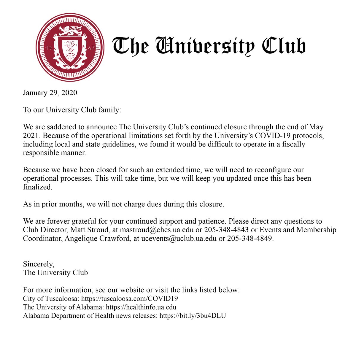 We are saddened to announce that we'll be closed through the end of May, but we appreciate your patience during this time. Let us know if you have any questions or concerns!