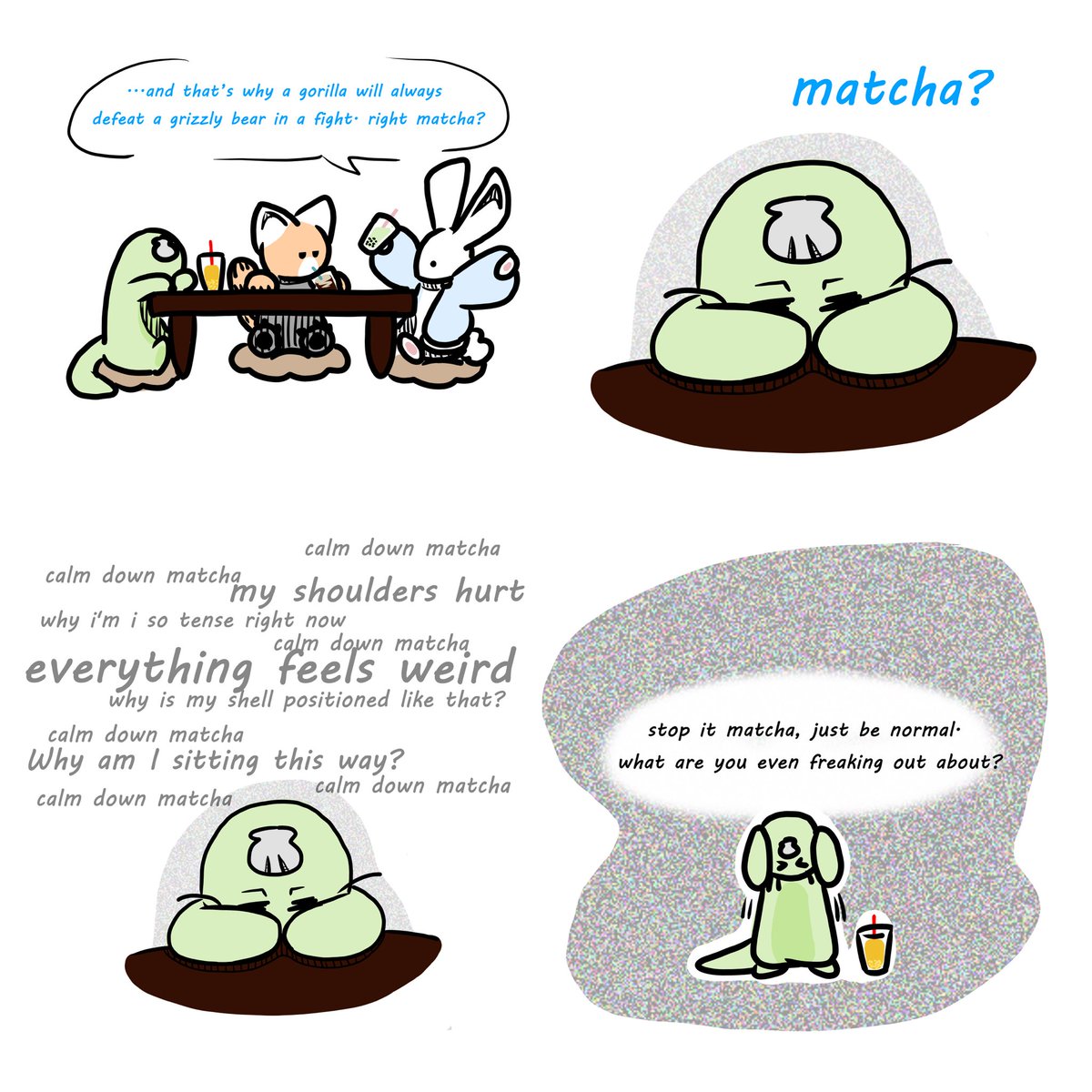 tapiotalky's tweet photo. from the outside everything looks fine but there are a million anxious thoughts clouding matcha’s head. what thoughts clouds your brain? https://t.co/RSn0fD8H6Y