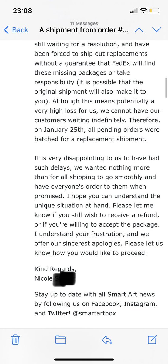 raachron's tweet photo. @BuntonVikki @Miss_Taffie @SmartArtBox @JosiahBrooks FYI latest email from SmartArt - not sure if it’s copy paste but they acknowledge the possibility of a refund at the bottom so hoping you guys get to this point soon. https://t.co/qbIedkot6S