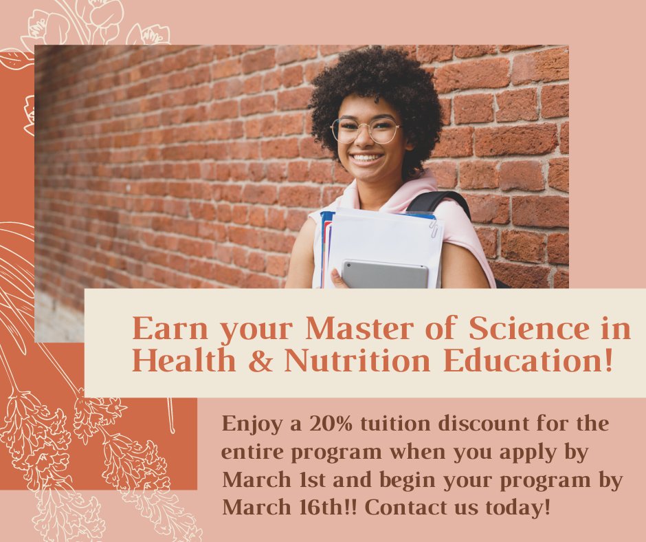 Earn your Master of Science in Health and Nutrition Education! New Year New Career tuition specials in effect NOW! Apply by March 1st and begin your program by March 16th to take advantage of 20% off tuition for the entire program! Visit
zcu.io/yZXN to learn more.