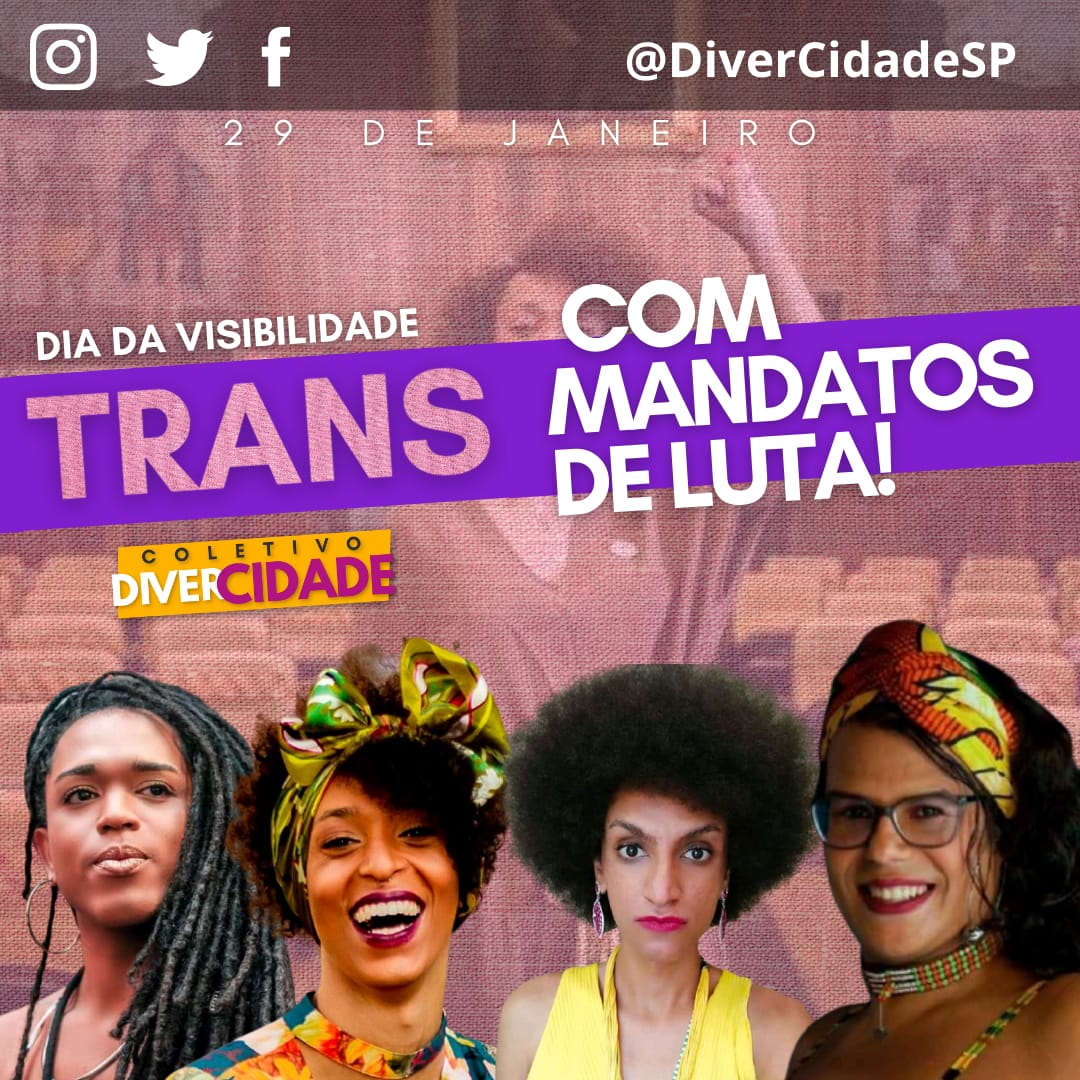 DiverCidadeSP's tweet photo. Hoje é um dia extremamente importante!

Dia da Visibilidade TRANS, dia de luta, celebração e história.

Por mais pessoas Trans ocupando todos os espaços físicos e jurídicos https://t.co/JbFbAdkb6H