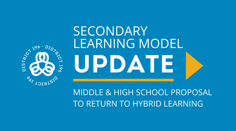 ISD196schools's tweet photo. (1/2) A special School Board meeting will be held Tuesday, Feb. 2 at 5 p.m. to discuss a proposed plan to transition secondary students back to hybrid learning. The goal of the plan is to return all secondary students to some form of hybrid learning by March 8. #196Pride https://t.co/qppBtiEgMv