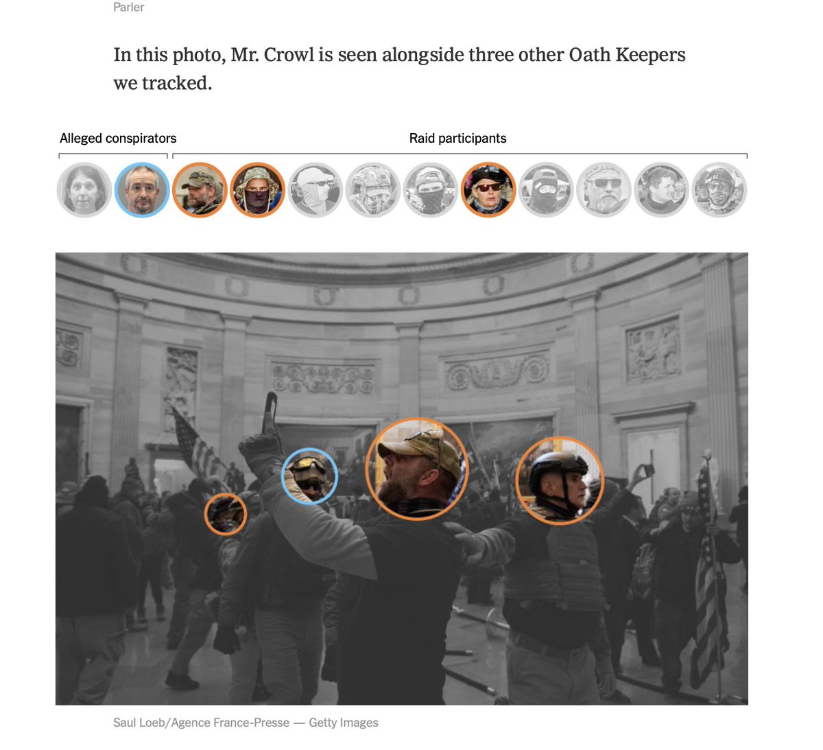 6/ The Oath Keepers are now inside the Rotunda. They take time to record a Parler video (in tweet below) and are captured in multiple photos. The  @nytimes team ID's multiple Oath Keepers. https://twitter.com/jsrailton/status/1351594767226961921
