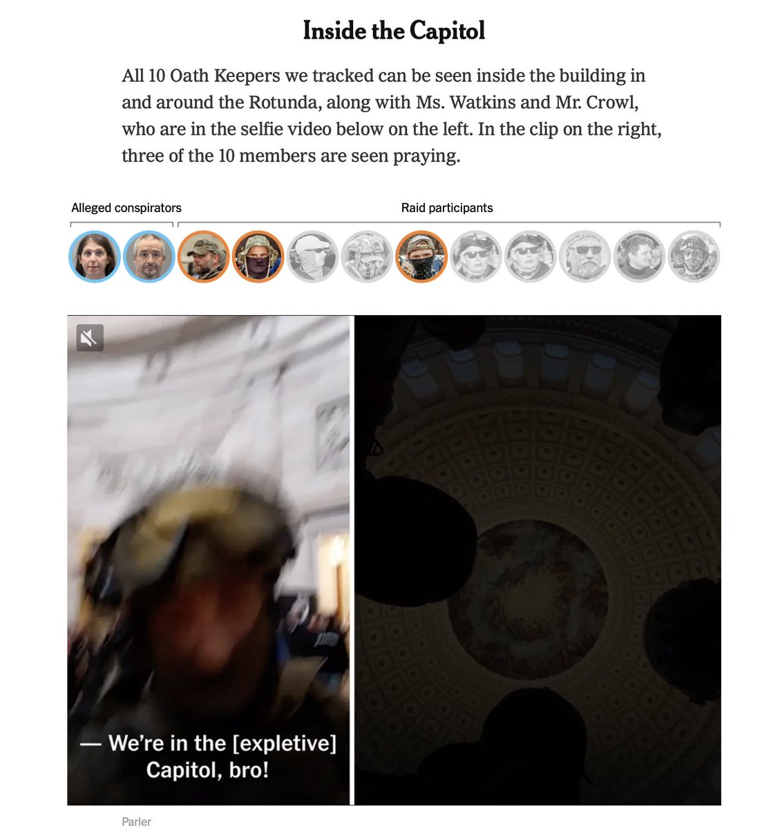 6/ The Oath Keepers are now inside the Rotunda. They take time to record a Parler video (in tweet below) and are captured in multiple photos. The  @nytimes team ID's multiple Oath Keepers. https://twitter.com/jsrailton/status/1351594767226961921