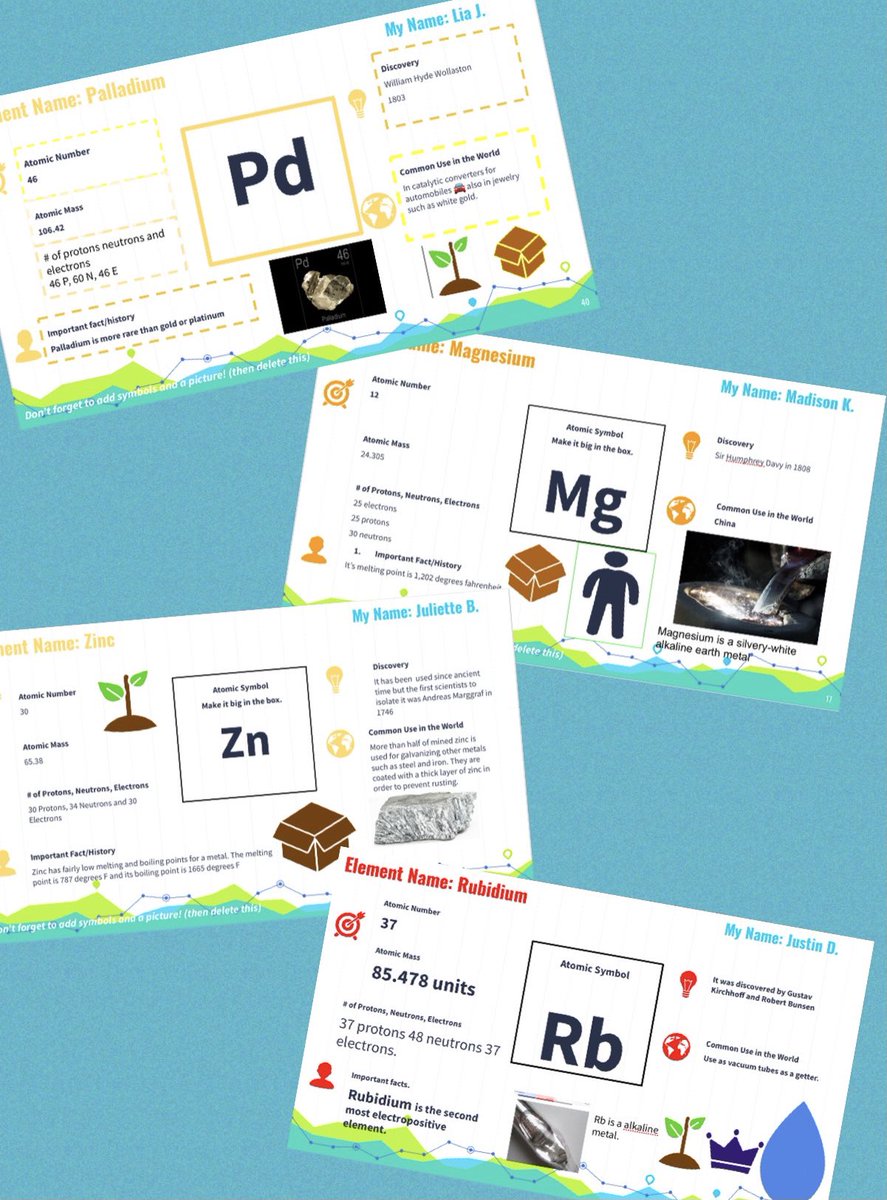 ✨Our Virtual Periodic Table✨
<a href="/mrs_beksinski/">Mrs. J. Beksinski</a> &amp; I created a template... and our 6th graders did the rest! Each one researched &amp; created an #Element slide! We put them together and created our own version of The Periodic Table! #teamwork #inthistogether <a href="/polk_street/">Polk Street School</a>
