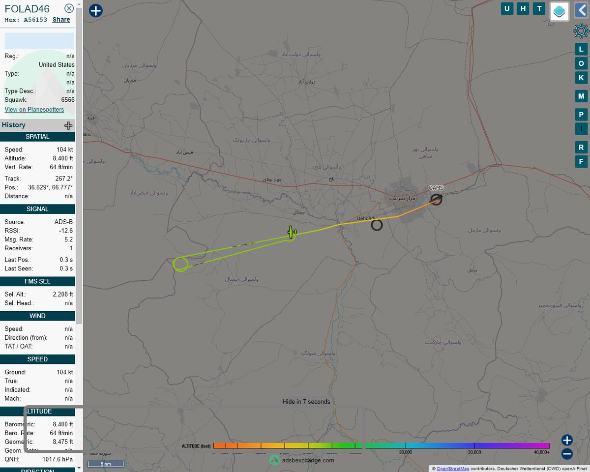 MULTI ADSBX MANOEUVRING ALERT : At time Fri Jan 29 23:18:28 2021 #FOLAD46 was likely to be manoeuvring at FL84 near ولسوالی چمتال, ولایت بلخ, افغانستان #AvGeek #ADSB globe.adsbexchange.com/?icao=A56153&z…