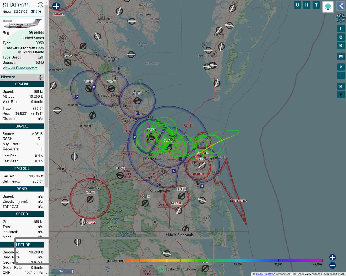 MULTI ADSBX MANOEUVRING ALERT : At time Fri Jan 29 23:17:25 2021 #SHADY88 was likely to be manoeuvring at FL102 2nm from NGU Chambers_TACAN_US near 6509, Eva Circle, Roland Park, Norfolk, Virginia, #AvGeek #ADSB globe.adsbexchange.com/?icao=AE2F62&z…