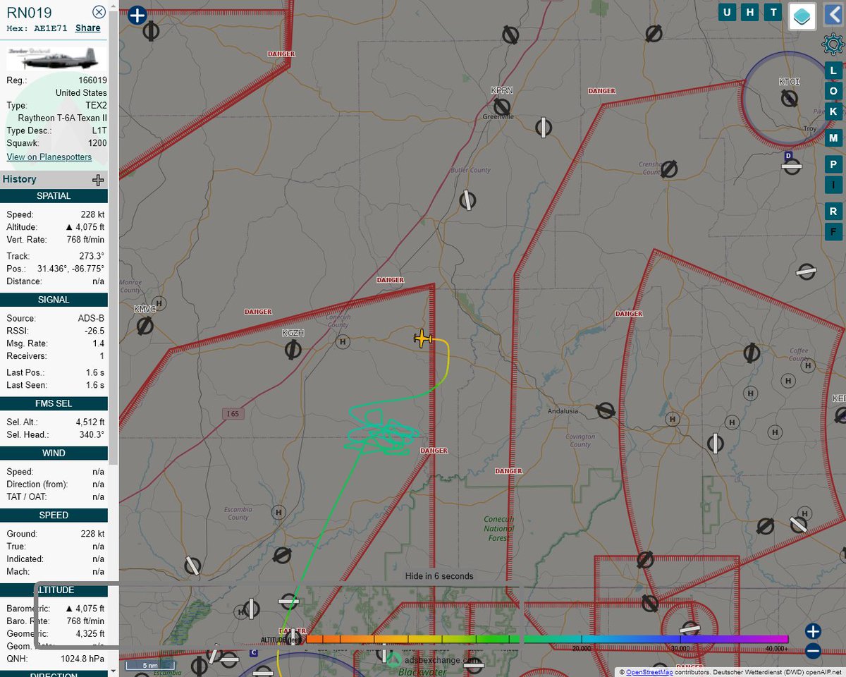 MULTI ADSBX CIRCLING ALERT : At time Fri Jan 29 23:17:36 2021 #RN019 was likely to be circling at FL141 23nm from UIA Andalusia_VOR_US near Conecuh County, Alabama, United States #AvGeek #ADSB globe.adsbexchange.com/?icao=AE1E71&z…