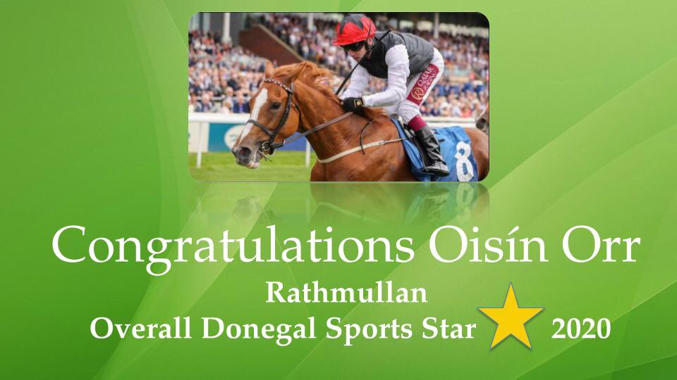 kavanagh_alma's tweet photo. Congratulations to our past pupil Oisín Orr who scooped up top prize tonight as the Overall Donegal Sports Star of the year 2020 💛💚💛💚. 
A very talented young jockey 🏇 with a very bright future. Everyone in St.Joseph’s N.S is so proud of your achievements. https://t.co/mce6CF2Tla