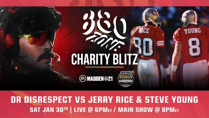 Tune in tomorrow to watch <a href="/SteveYoungQB/">Steve Young</a> &amp; <a href="/JerryRice/">Jerry Rice</a>
 take on @drdisrespect in #Madden21‼️

⏰ 8PM ET
📺 bit.ly/3coq7gM #8to80