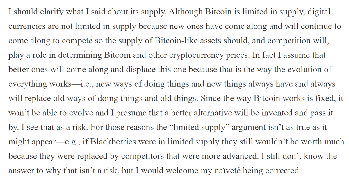 You suggest that while Bitcoin's supply may be limited the supply of cryptocurrencies is not limited and  #Bitcoin   may be supplanted by an arriviste. Response in subsequent tweets