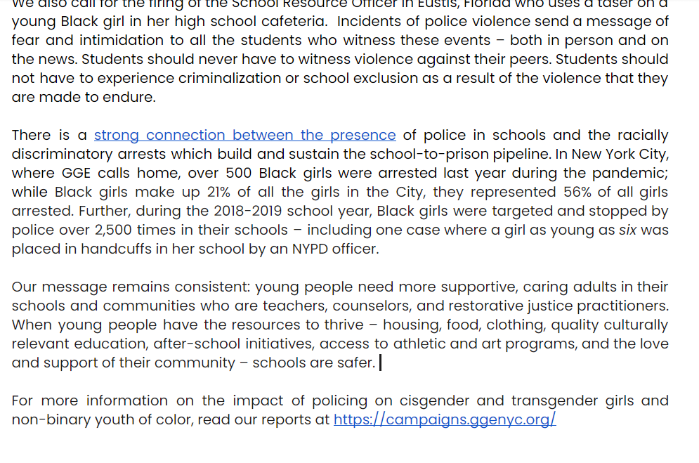 GGENYC's tweet photo. This week we learned of not 1 but 2 incidents of #Blackgirls being assaulted by police at their schools in the U.S. This is unacceptable. Please read our statement in solidarity with the movement for #PoliceFreeSchools & with the young people who've been harmed. #AssaultAtLiberty https://t.co/tv08bP6kdf