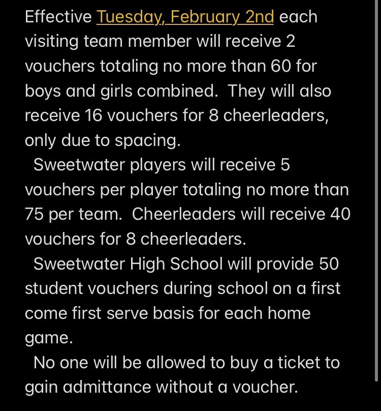 Due to the Governor easing the restrictions for basketball attendance, Sweetwater High School will be on the following plan: