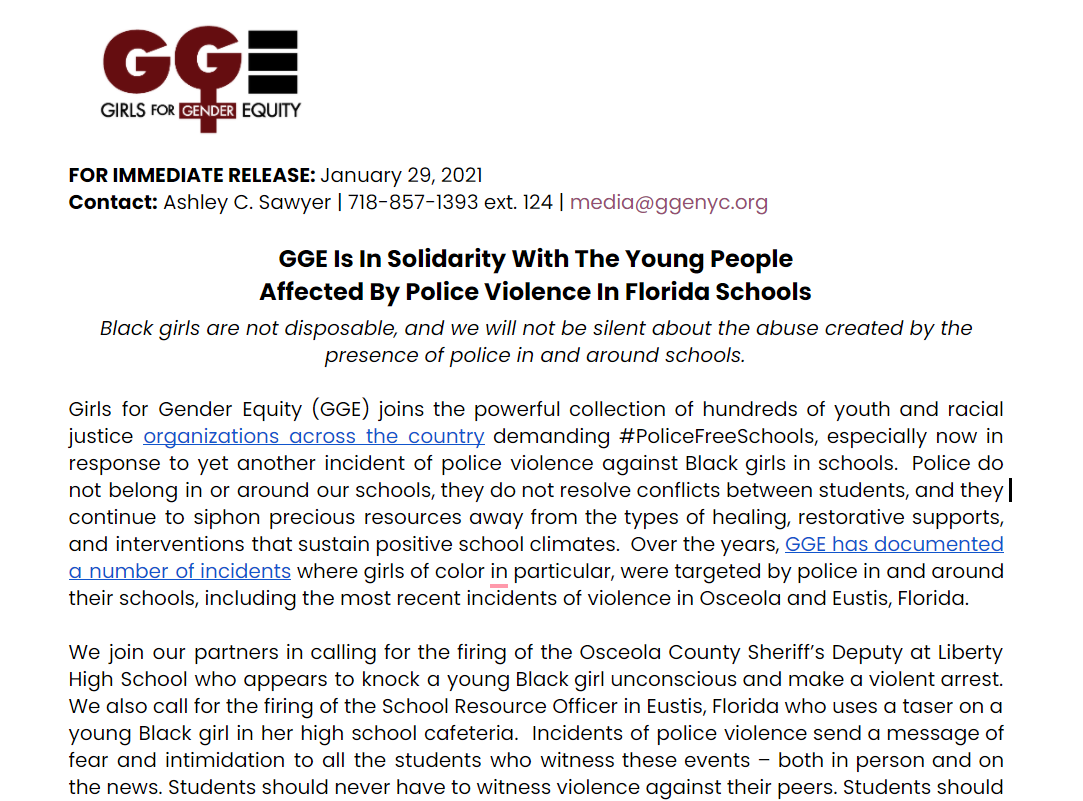 GGENYC's tweet photo. This week we learned of not 1 but 2 incidents of #Blackgirls being assaulted by police at their schools in the U.S. This is unacceptable. Please read our statement in solidarity with the movement for #PoliceFreeSchools & with the young people who've been harmed. #AssaultAtLiberty https://t.co/tv08bP6kdf