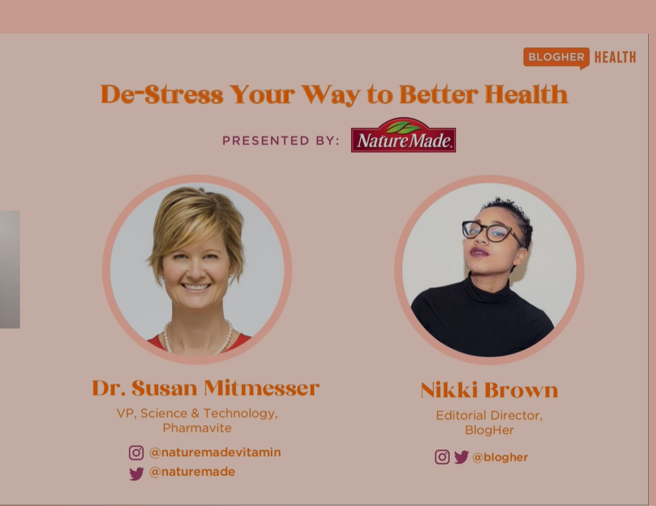 kakannegiesser's tweet photo. De-stress Your Way to Better Health with #drsusanmitmesser at the #blogherhealth conference. Who knew stress causes so many changes in your body! Exercise can manage stress, along with a good diet and vitamins C & D. Eat lots of colors and fatty acid (fish). https://t.co/Fg6KvZfns7