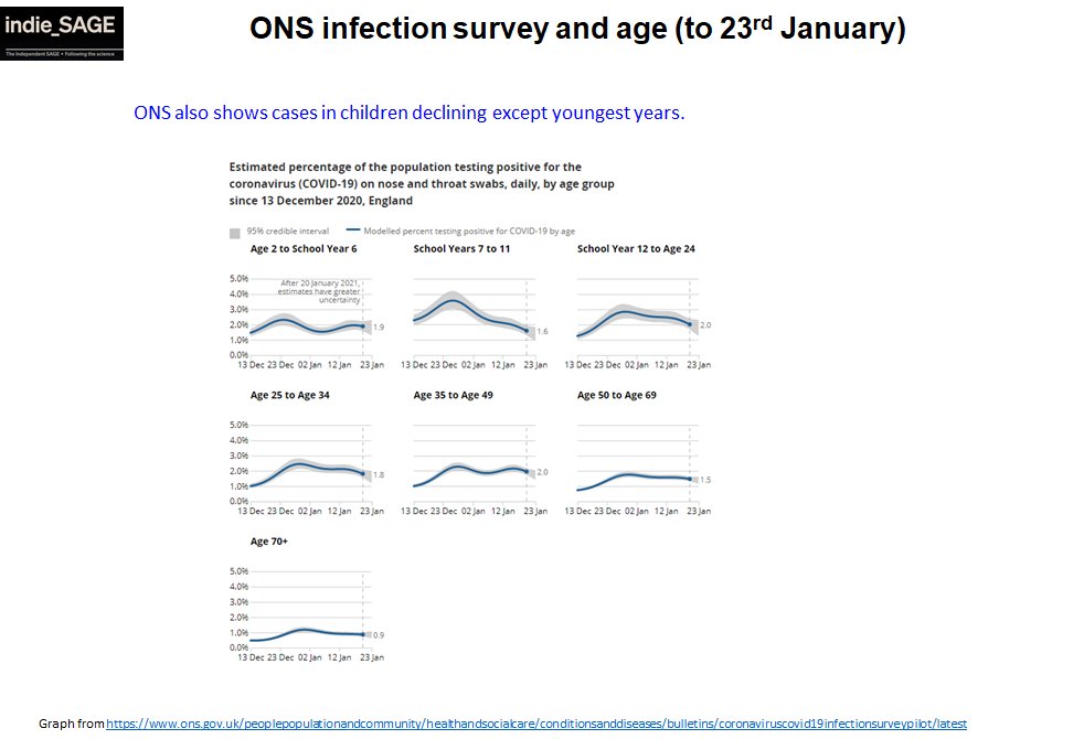 the ONS infection survey (which doesn't depend on symptoms for getting tested) shows a similar picture (but not as fine age detail). Cases going down in older children but flat in those age 2-11. Consistent with PHE rise in youngest and fall in 5-11 yr olds? 4/5