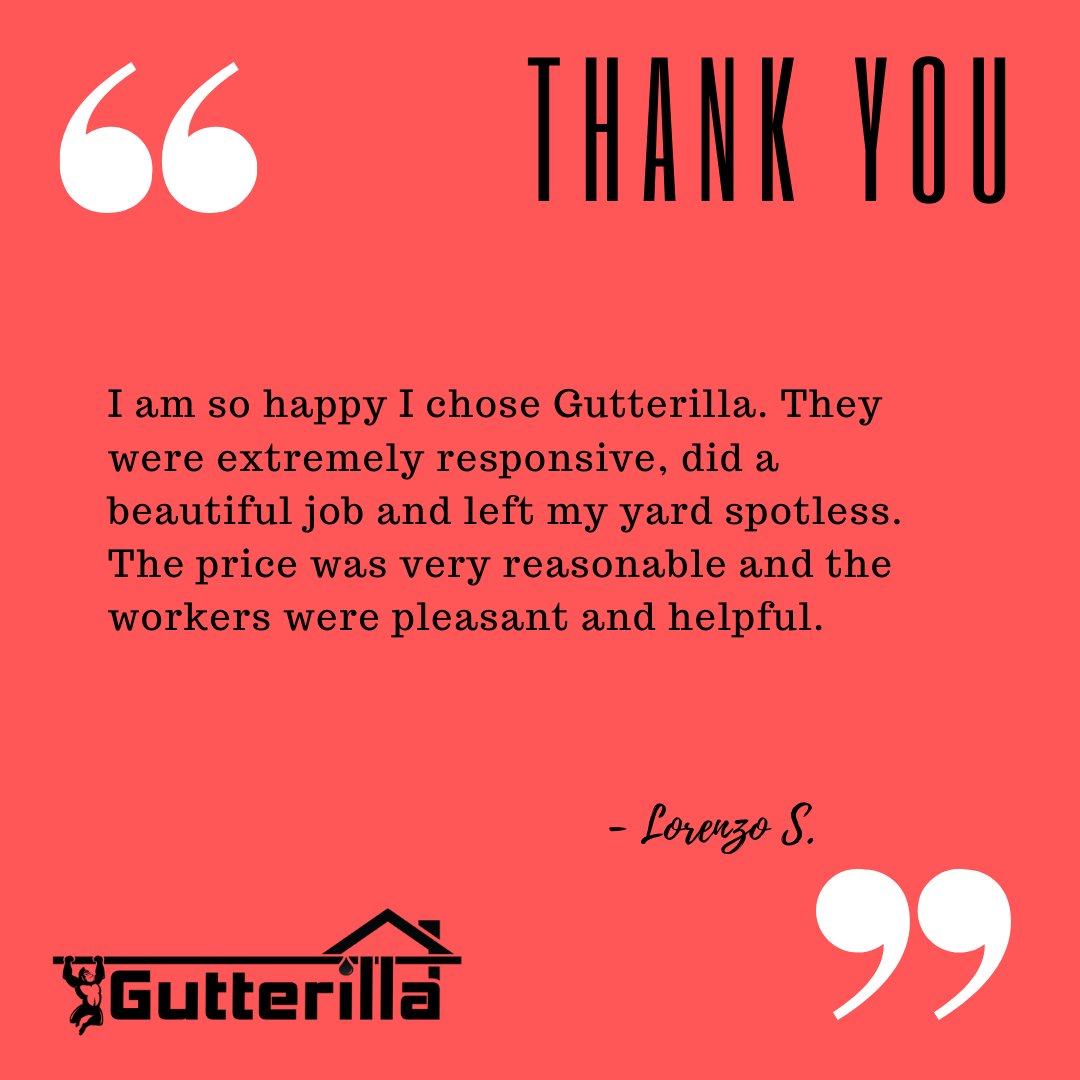 gutterilla's tweet photo. Thank You Lorenzo S. for saying "I am so happy I chose Gutterilla. They were extremely responsive, did a beautiful job and left my yard spotless. The price was very reasonable and the workers were pleasant and helpful." https://t.co/n1Pw6pfBkp #austingutters #guttercleaning https://t.co/lHhOKDaJbu