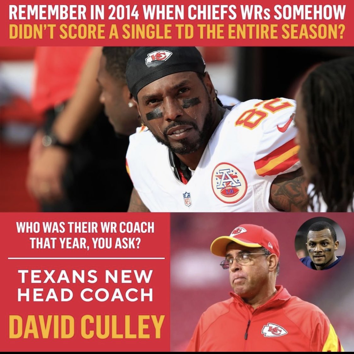 sagastiker's tweet image. Este año los Ravens han tenido el peor ataque aéreo de la NFL. En 2014 los WRs de Chiefs se fueron con 0 TDs. ¿Qué tuvieron en común? Al nuevo entrenador de los Texans, David Culley como entrenador de receptores.