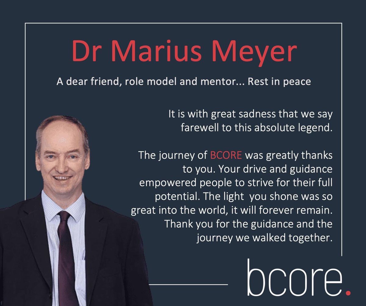 RIP <a href="/mariusmeyerza/">Marius Meyer</a> 

It is with great sadness that we say farewell to this legend. 

The journey of BCORE was greatly thanks to you. 

Thank you for the guidance and the journey we walked together.

All our love to Hanlie and Nadia

from <a href="/jacoduplessisza/">Jaco du Plessis</a> and the BCORE Team