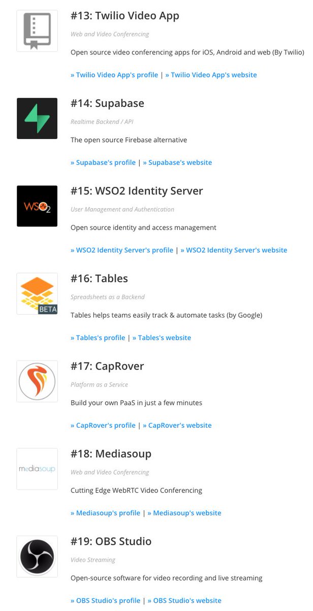 stackshareio's tweet image. New Tools of the Year (2020):

@twilio Video App
@supabase_io
@wso2
@google (by #Area120)
@cap_rover
#MediaSoup (by @ibc_tw and @jomivi)
@OBSProject

buff.ly/36klYaa #StackShareAwards