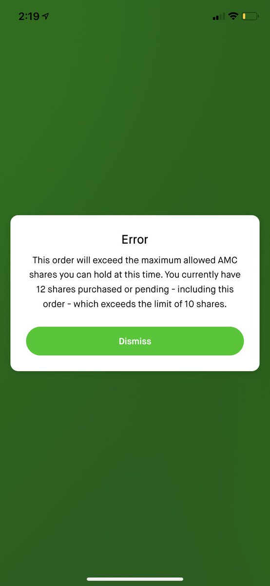 Maddy_Bloch's tweet photo. @stoolpresidente @RobinhoodApp I was given this error message for trying to own more than 10 amc. That ain’t fair :-/ https://t.co/cAMHHVwZaj