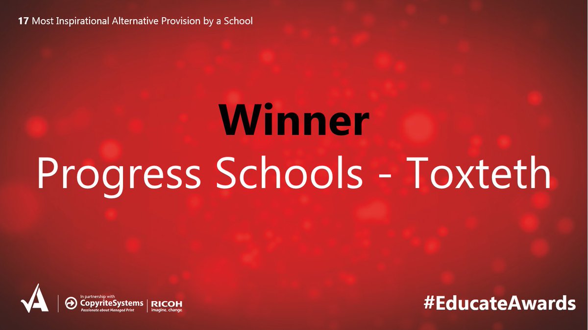 EducateAwards's tweet photo. Now it is the Most Inspirational Alternative Provision by a School category, presented by Andrew Hampson, sales manager from our title sponsor @CopyriteSystems.
The winner isโฆ @SchoolsProgress! Well done #EducateAwards ๐ https://t.co/H4Jxezggj3