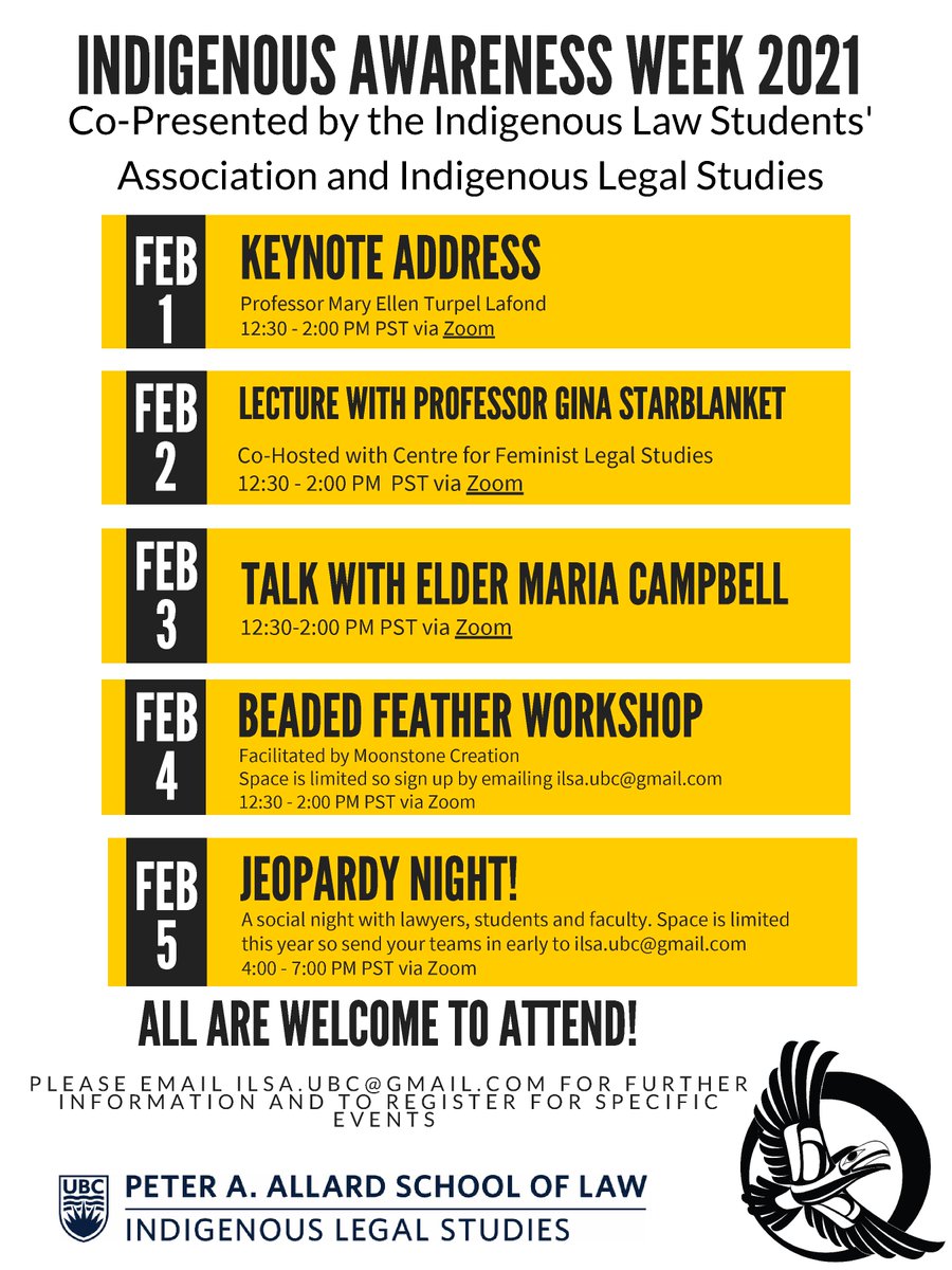 Allard_ILS's tweet photo. Please join us and the Indigenous Law Students' Association for the annual 2021 Indigenous Awareness Week! There will be a variety of virtual programming from February 1-4 during lunchtime, and Indigenous Jeopardy on February 5 from 4-7 pm! https://t.co/DiKIae0Wd1