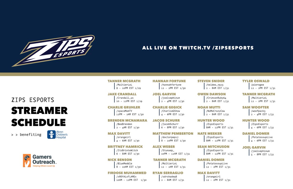 ZipsEsports's tweet photo. Join us tonight at 7:00PM as we kick off our 48 hour live stream benefiting @AkronChildrens! We have the goal of raising $3,500 to build a GO Kart from @GamersOutreach! Here is our stream schedule for the entire event! #GoZips

📺https://t.co/UOnUJbqrgZ https://t.co/8PTFTsOWTI
