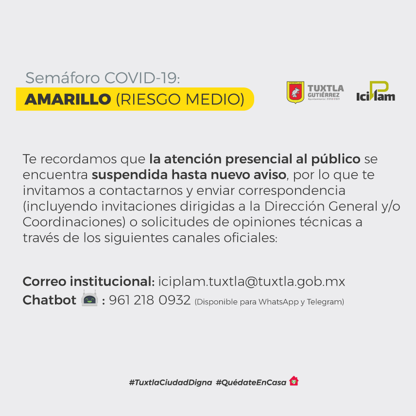 ICIPLAM's tweet photo. ¡Atención! 🚨 Te recordamos que la atención al público de forma presencial se encuentra suspendida hasta nuevo aviso, por lo que ponemos a tu servicio el correo electrónico institucional iciplam.tuxtla@tuxtla.gob.mx; y nuestro Chatbot (WhatsApp y Telegram) 961 218 0932. #Tuxtla https://t.co/Iei7XmzVJ4