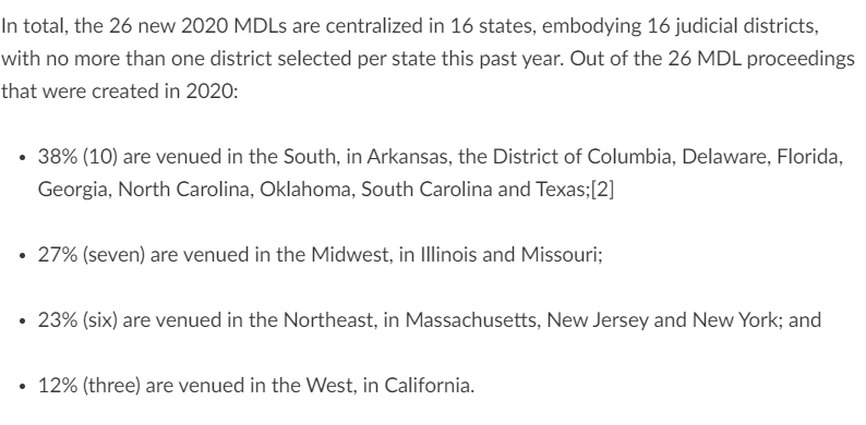 2. That's due, in part, to a change in philosophy at JPML which, in the past, granted petitions even if there were other informal ways to coordinate. Second, the increased geographic spread of MDLs. This may reflect efforts to distribute workload and diversify decisionmaking.