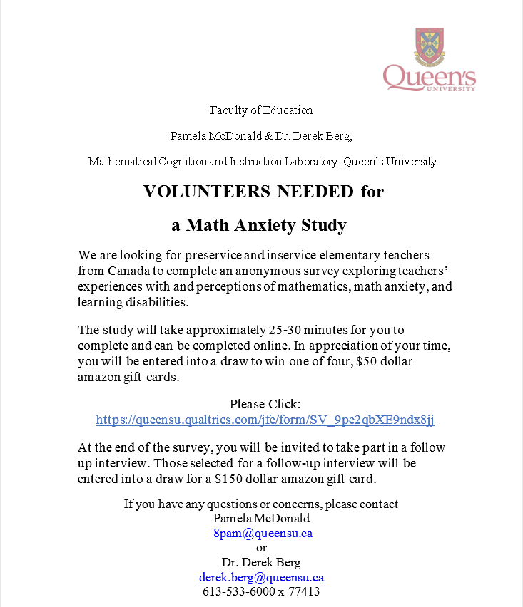 Are you a Canadian preservice or inservice elementary teacher? Please consider completing my survey exploring teachers’ experiences with and perceptions of mathematics, math anxiety, and learning disabilities.
#mathanxiety #teachers #math

queensu.qualtrics.com/jfe/form/SV_9p…