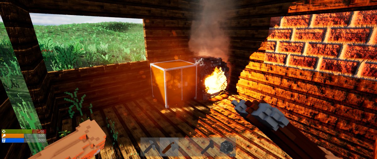 Step 40: Building shapes (wall / foundation / ceiling and more to come) are neatly functional. Improving render pipeline and added some new sweet textures #gamedev #indiedev #voxelart #screenshotsaturday <a href="/scapevale/">Scapevale</a>