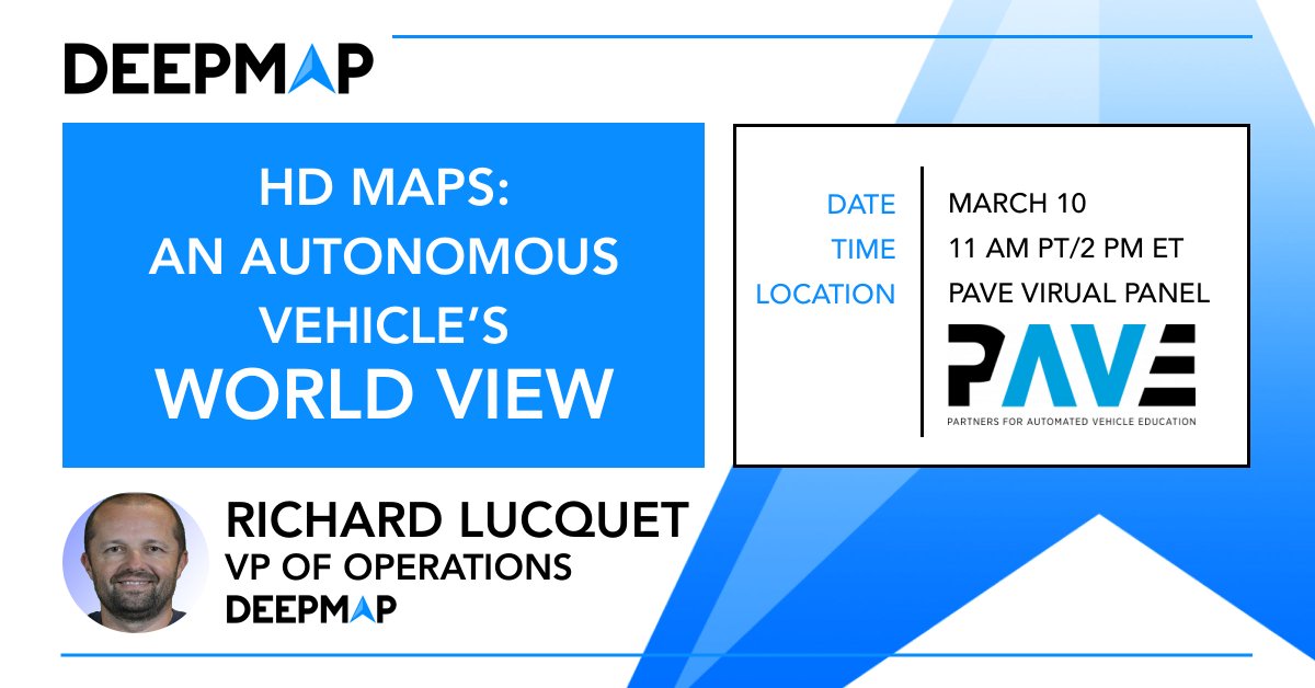 DeepMapInc's tweet image. Join us for @PAVECampaign&apos;s virtual panel - &quot;HD Maps: An AV&apos;s World View&quot; on 3/10 at 2pm ET for a discussion on how HD maps are made and updated, as well as the role they play in autonomous vehicle systems. Free registration: pavecampaign.org/event/pave-vir…