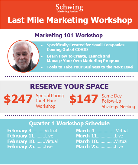 I am excited to announce the Marketing Workshop series for Q1 2021. We held these Workshops last year and got great reviews. 
schwingmarketing.com/last-mile-mark…
#Marketing101 #MarketingWorkshop #Denver #DenverCO #Marketing  #DenverEvents #SmallBusiness
