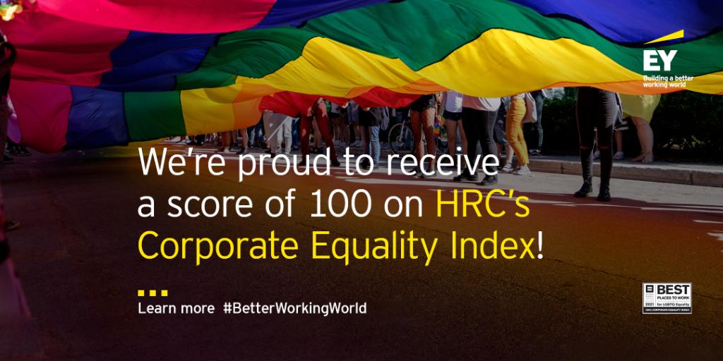 EY_US's tweet photo. For the 16th consecutive year, we've received a perfect score on the @HRC Corporate Equality Index. We strive to cultivate an inclusive culture where differences are valued and where everyone can feel like they belong. #CEI2021 https://t.co/otk7mNe6OJ https://t.co/GyzJEQS7rl