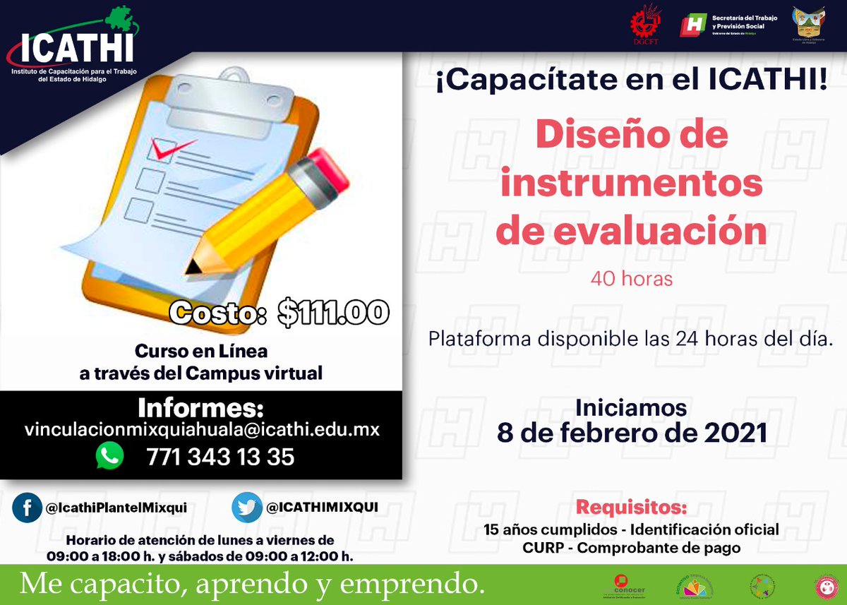 icathi's tweet photo. El #ICATHI te invita a inscribirte al #CursoEnLínea de #Diseño de #instrumentos de #evaluación. Llama al número 7713431335 para obtener más información, o escribe al correo vinculacionmixquiahuala@icathi.edu.mx https://t.co/2ad0MuX1pJ